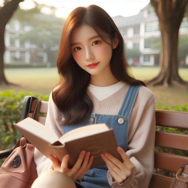 retrato de uma menina coreana sentada em um banco do parque lendo um livro