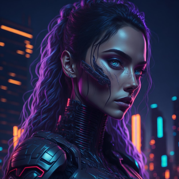 Retrato de uma menina cyborg no fundo de uma cidade de néon