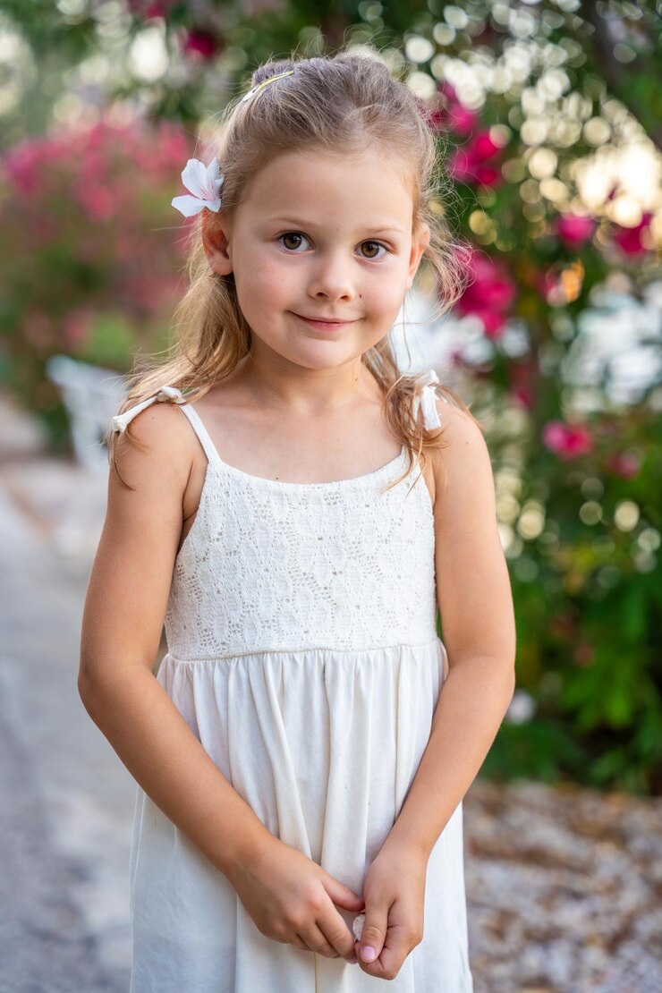 Foto retrato de uma menina de vestido branco sorrindo feliz em fundo de um parque em flor na croácia