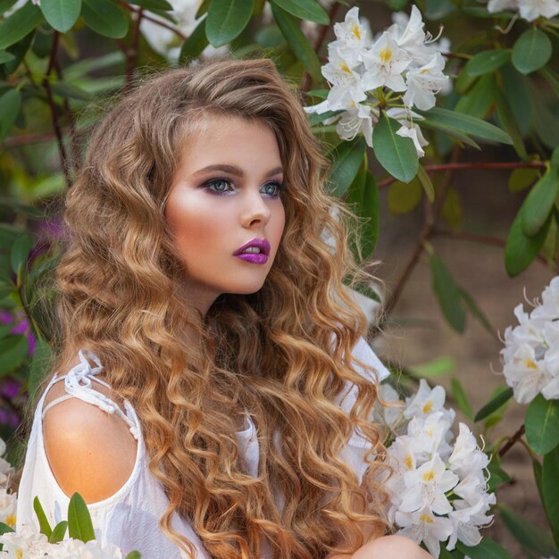 Retrato de uma menina em jardins florescentes rododendro branco Cabelo comprido e bela maquiagem