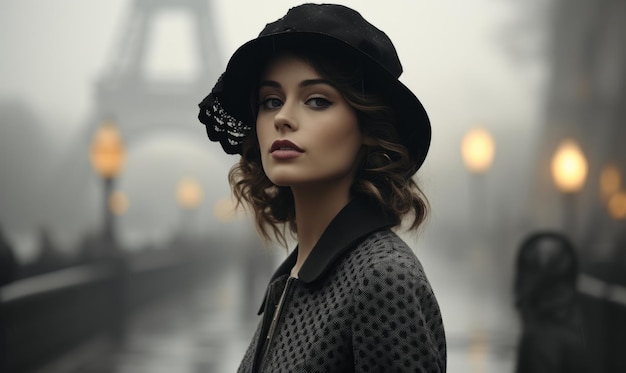 Retrato de uma menina em Paris Retro imagem estilo vintage Mulher com um chapéu