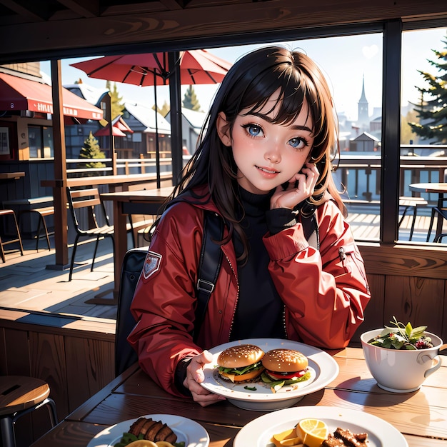 retrato de uma menina em um restaurante