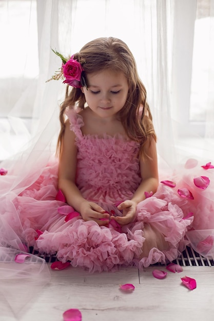 Retrato de uma menina em um vestido rosa e uma flor com uma rosa na cabeça e uma rede é filmada no estúdio