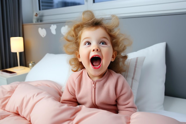 Retrato de uma menina encantadora com cachos em uma cama