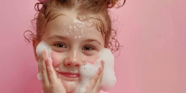 retrato de uma menina engraçada espuma para lavar pele limpa e autocuidados cosméticos infantis limpeza e hidratação da pele bolhas de sabão fundo rosa