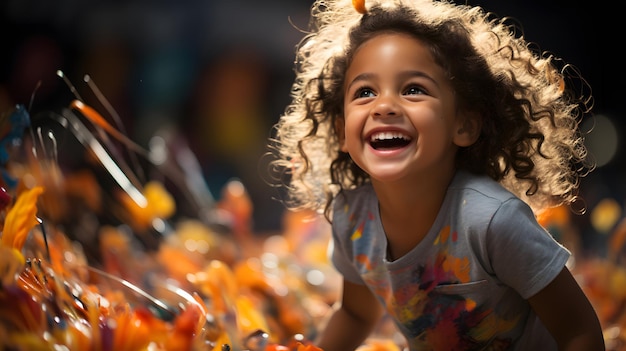 Foto retrato de uma menina feliz com cabelos cacheados no parque outono