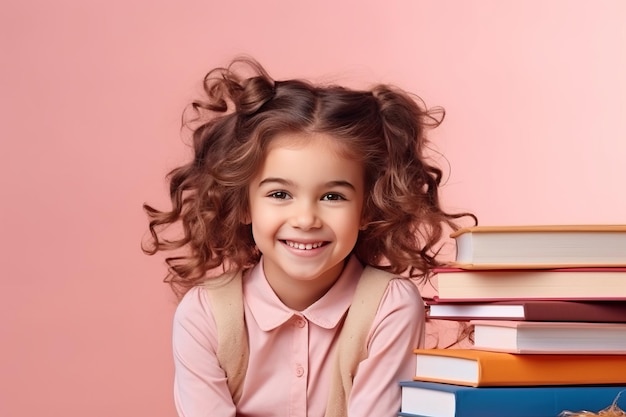 Retrato de uma menina feliz com óculos sentada sobre uma pilha de livros e lendo livros