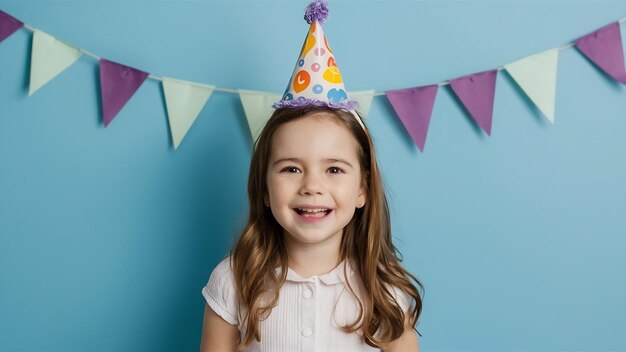 Foto retrato de uma menina feliz com um chapéu de aniversário