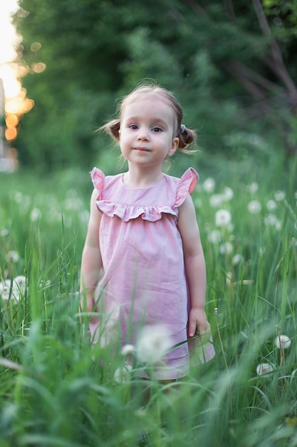 Retrato de uma menina feliz de dois anos com um campo de flores desabrochando de tremoço