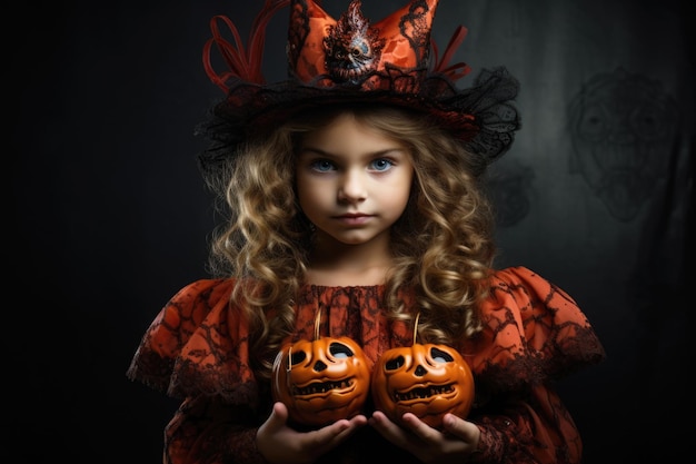 Retrato de uma menina fofa em fantasia de Halloween com abóboras generativas AI Rosto de criança engraçada com chapéu contra a parede do estúdio Convite de Halloween e conceito de festa