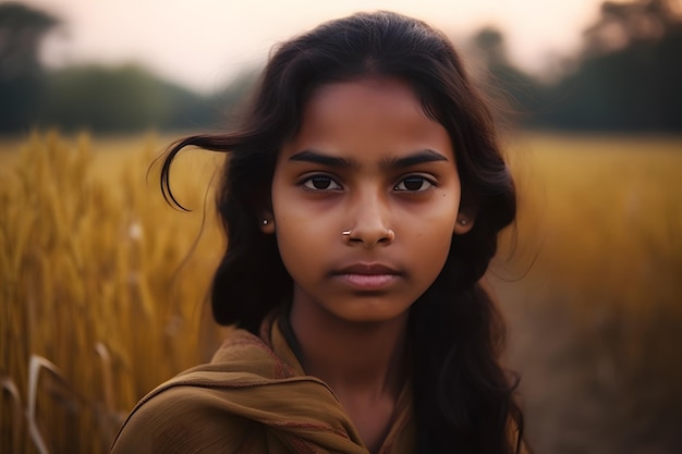 Retrato de uma menina indiana contra o fundo de espigas de trigo Rede neural AI gerada