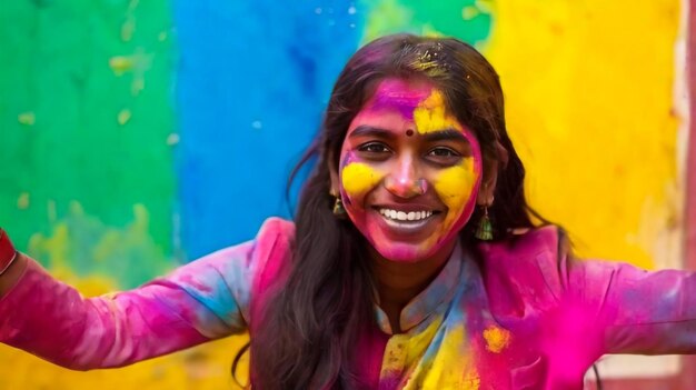 Retrato de uma menina indiana feliz em um sari hindu tradicional na cor de HoliFestival de cores de Holi