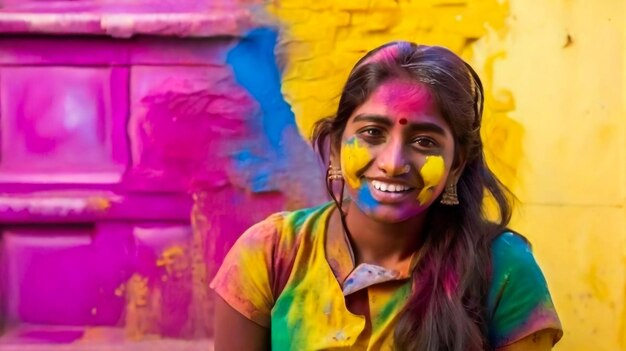 Retrato de uma menina indiana feliz em um sari hindu tradicional na cor de HoliFestival de cores de Holi