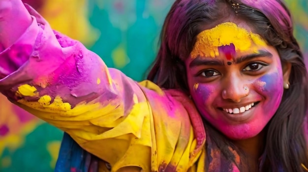 Retrato de uma menina indiana feliz em um sari hindu tradicional na cor de HoliFestival de cores de Holi