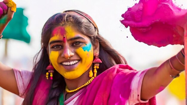 Retrato de uma menina indiana feliz em um sari hindu tradicional na cor de HoliFestival de cores de Holi