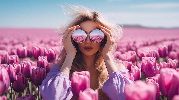 Retrato de uma menina loira no campo de flores florescentes no pôr-do-sol bela mulher com cabelo longo e um rosto bonito