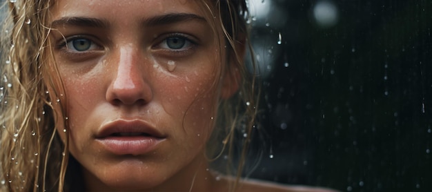 Foto retrato de uma menina na chuva em close-up ia generativa