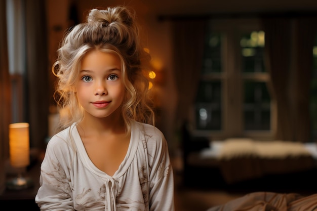 retrato de uma menina na sala de estar à noite à espera do feriado