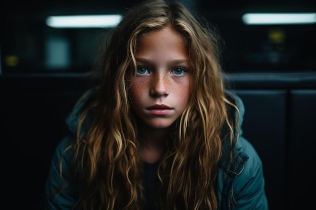 Foto retrato de uma menina na sala escura