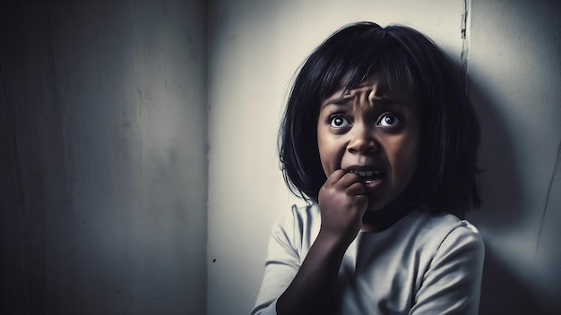 Foto retrato de uma menina negra ansiosa mordendo um dedo e parecendo assustada insegura de smth de pé preocupada com um