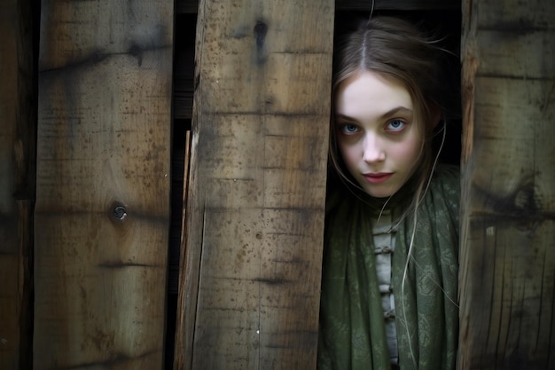 Retrato de uma menina numa velha casa de madeira A menina olha para fora por trás da cerca