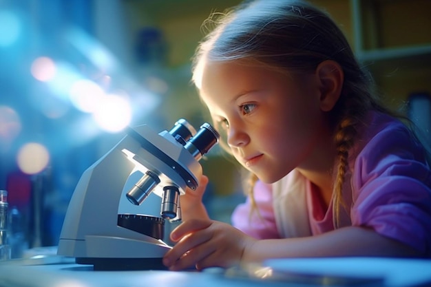 Retrato de uma menina olhando através de um microscópio Educação e aprendizagem precoce