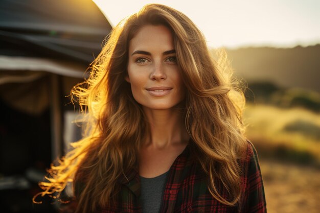 Foto retrato de uma menina olhando para a câmera enquanto está perto da tenda de acampamento ao pôr do sol