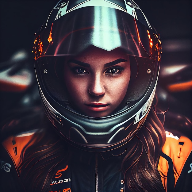 Retrato de uma menina piloto Pretty Girl em um capacete de corrida Conceito de esporte e automobilismo