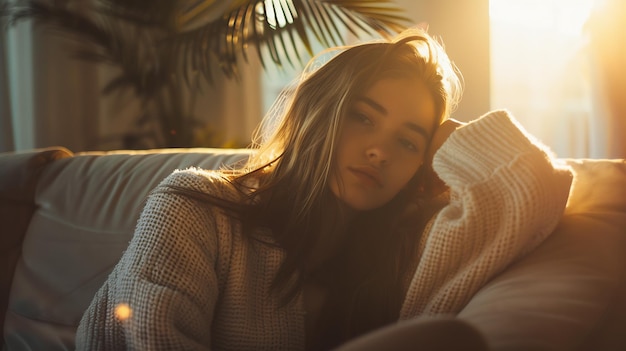 Retrato de uma menina relaxando em um sofá depois do trabalho em casa sentada em um sofà no li Generative AI