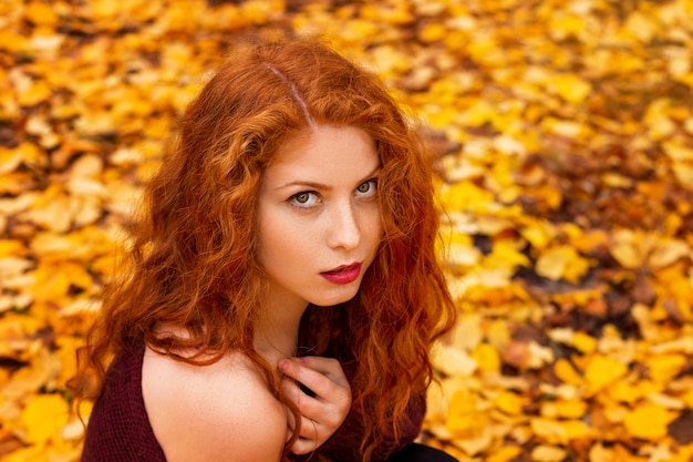 Retrato de uma menina ruiva bonita em folhas amarelas