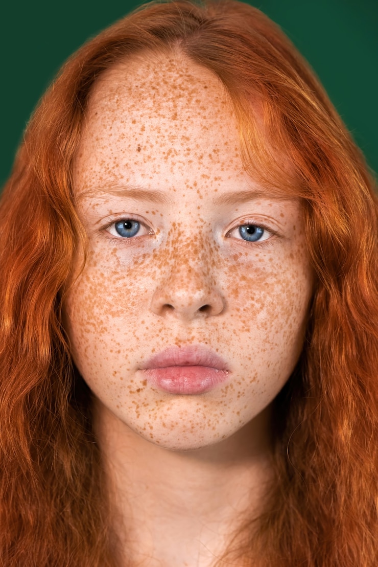Foto retrato de uma menina ruiva com muitas sardas na pele e olhos azuis verdes