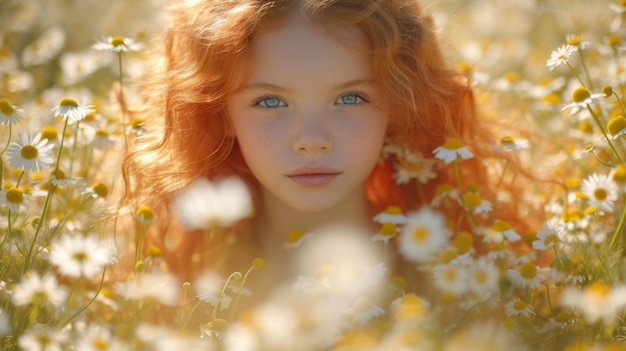 Retrato de uma menina ruiva com olhos azuis de pé em um campo de margaridas