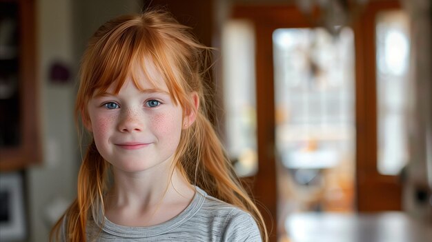 Retrato de uma menina ruiva sorridente dentro de casa