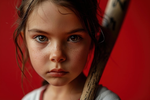 Retrato de uma menina serena de olhos castanhos e pequenas sardas com um taco de beisebol em um fundo vermelho