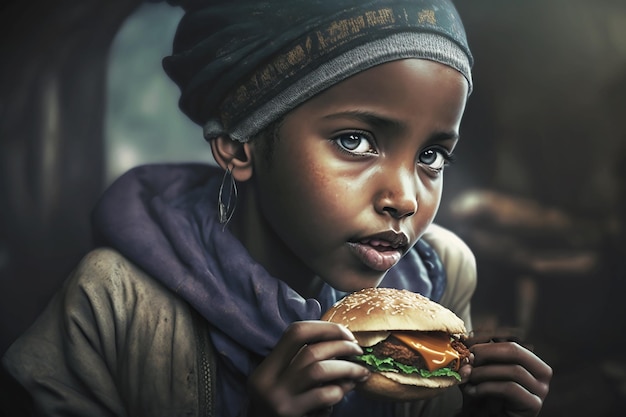 Retrato de uma menina somali de pele escura com um hambúrguer