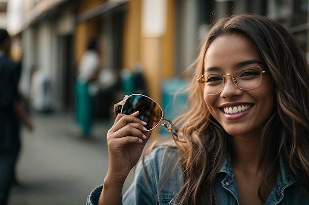 Retrato de uma menina sorridente com dentes de pé segurando seus óculos e olhando para a câmera com rosto feliz