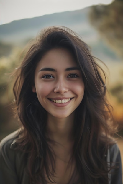 retrato de uma menina sorridente em seus vinte anos com etnia aleatória forma de cabeça aleatória