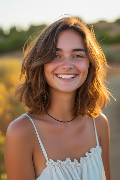 retrato de uma menina sorridente em seus vinte anos com etnia aleatória forma de cabeça aleatória