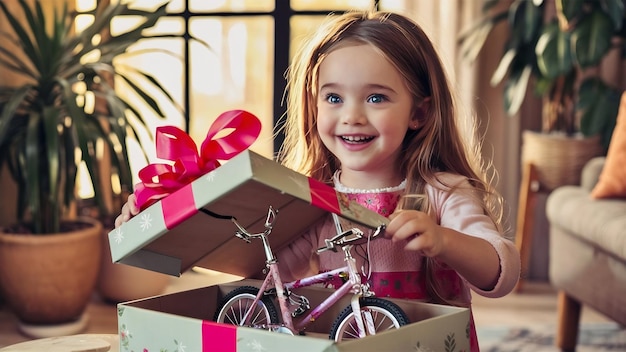 Retrato de uma menina sorridente feliz abrindo uma caixa de presentes