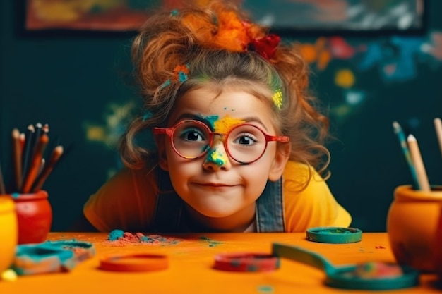 retrato de uma menina sorridente feliz em copos com tinta colorida na pele generativa ai