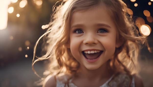 retrato de uma menina sorridente olhando para a câmera em fundo desfocado com bokeh