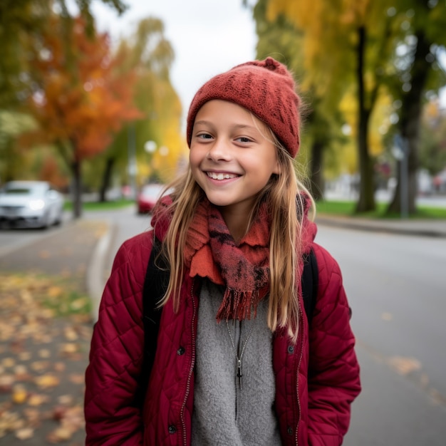 retrato de uma menina sorridente vestindo um casaco vermelho e chapéu em uma rua no outono