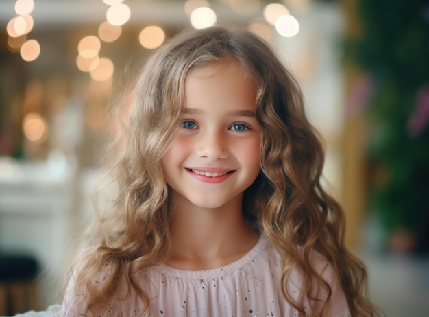 Retrato de uma menina sorrindo com fundo bokeh