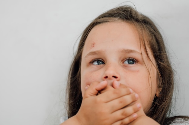 Retrato de uma menina triste e machucada com longos cabelos escuros cobrindo a boca com a mão Protesto contra abuso