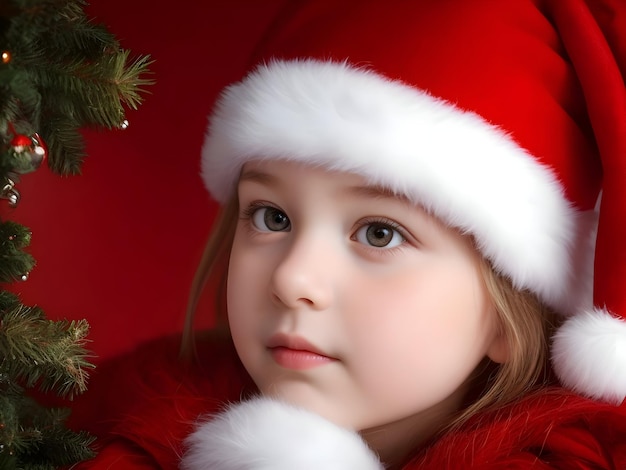 Retrato de uma menina vestida de Papai Noel sobre um fundo vermelho