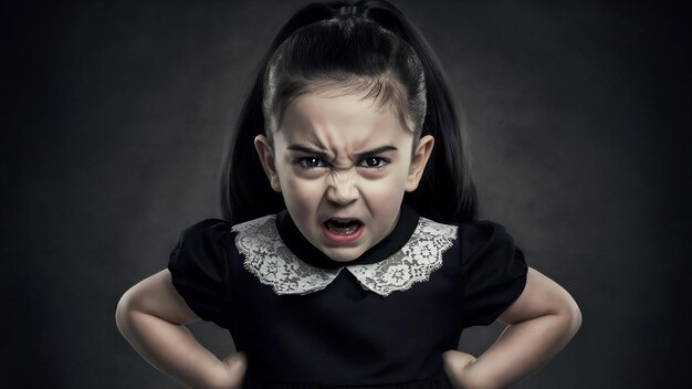 Foto retrato de uma menina zangada vestida de preto