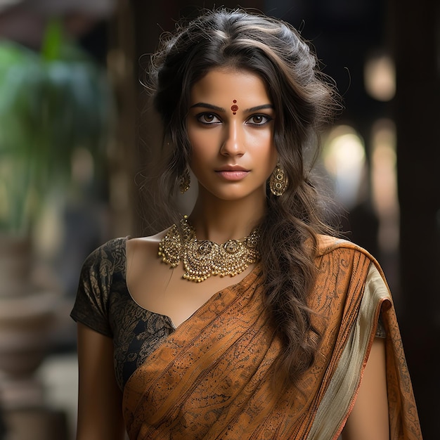 Retrato de uma modelo indiana feliz em sari IA gerativa