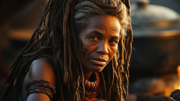 Retrato de uma mulher africana com dreadlocks na aldeia tribo Himba na Namíbia