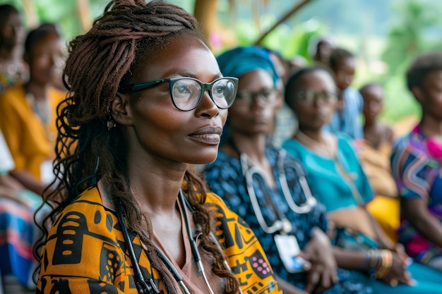 Retrato de uma mulher africana com roupas tradicionais em uma reunião cultural