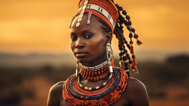 Retrato de uma mulher africana na África Contra o pano de fundo das pradarias geradas pela IA